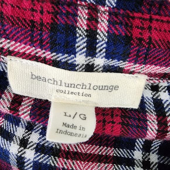 Beach Lunch Lounge Shirt Large Red Plaid Button Up Flannel Rayon Button Back - Picture 7 of 9